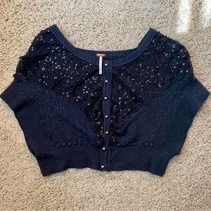 Free People Black Batwing Crop Sequin Boho Cardigan